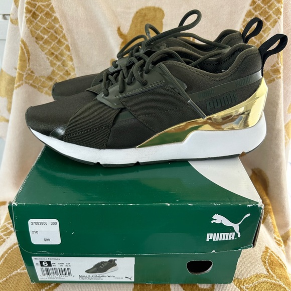Women’s PUMA Muse X-2 - Army Green and Gold Metallic - Size 6 - Picture 2 of 6